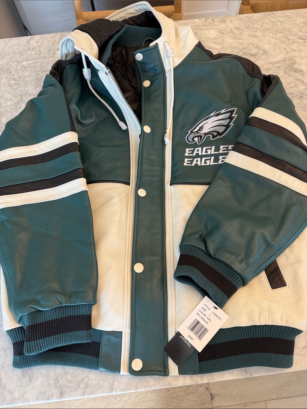 NWT PHILADELPHIA EAGLES GENUINE LEATHER Hooded Green & White Jacket